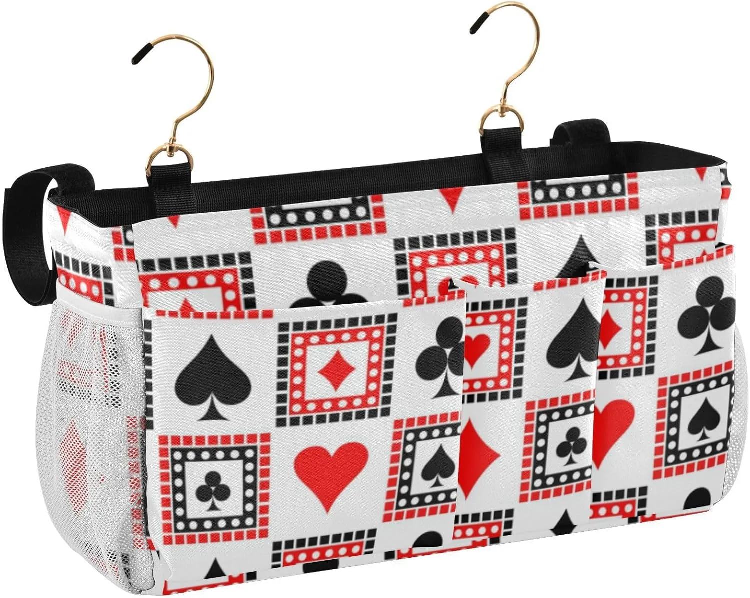 Playing Cards Bright Red Black White Symmetrical Geometric Iron Frame Bedside Hanging Bag Magazine Holders Bedside Bag with Hooks for Dorm Bed Bunk Bed 14.2 x 4.9 x 7.9 inch