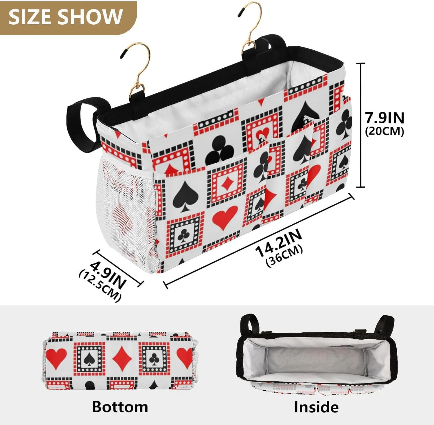 Playing Cards Bright Red Black White Symmetrical Geometric Iron Frame Bedside Hanging Bag Magazine Holders Bedside Bag with Hooks for Dorm Bed Bunk Bed 14.2 x 4.9 x 7.9 inch