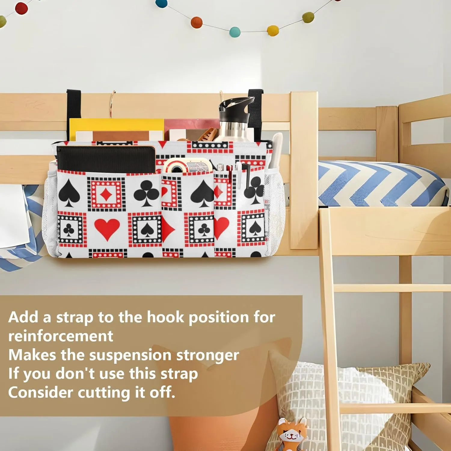 Playing Cards Bright Red Black White Symmetrical Geometric Iron Frame Bedside Hanging Bag Magazine Holders Bedside Bag with Hooks for Dorm Bed Bunk Bed 14.2 x 4.9 x 7.9 inch