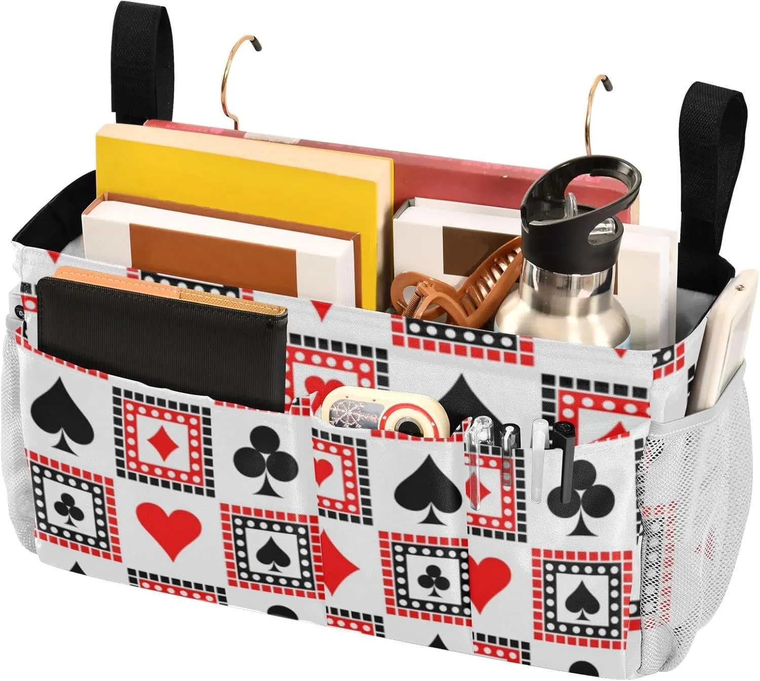 Playing Cards Bright Red Black White Symmetrical Geometric Iron Frame Bedside Hanging Bag Magazine Holders Bedside Bag with Hooks for Dorm Bed Bunk Bed 14.2 x 4.9 x 7.9 inch