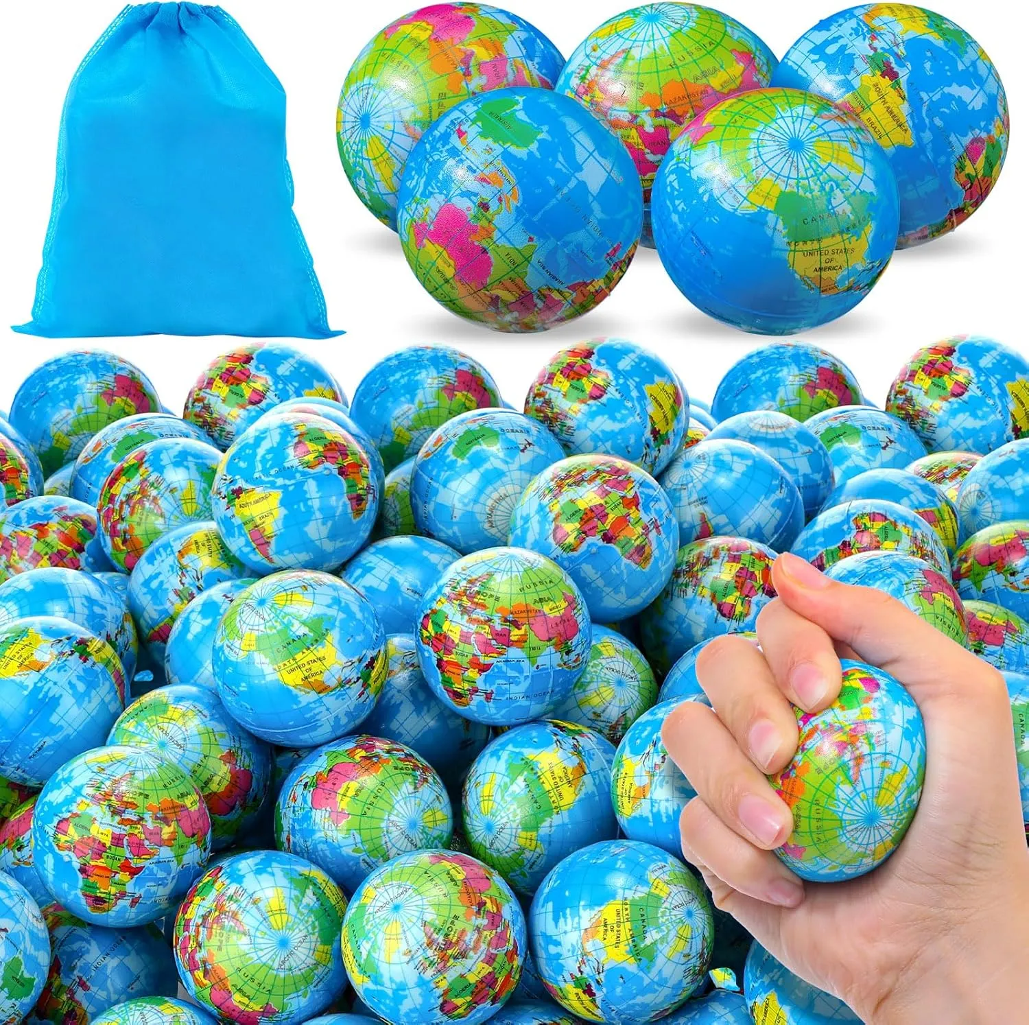 Poen 400 Pcs Globe Squeeze Balls, 2 Inch Mini World Earth Stress Balls Bulk Educational Relief Foam Squeeze Ball with Blue Drawstring Bag for Finger Exercise School Reward Party Gift