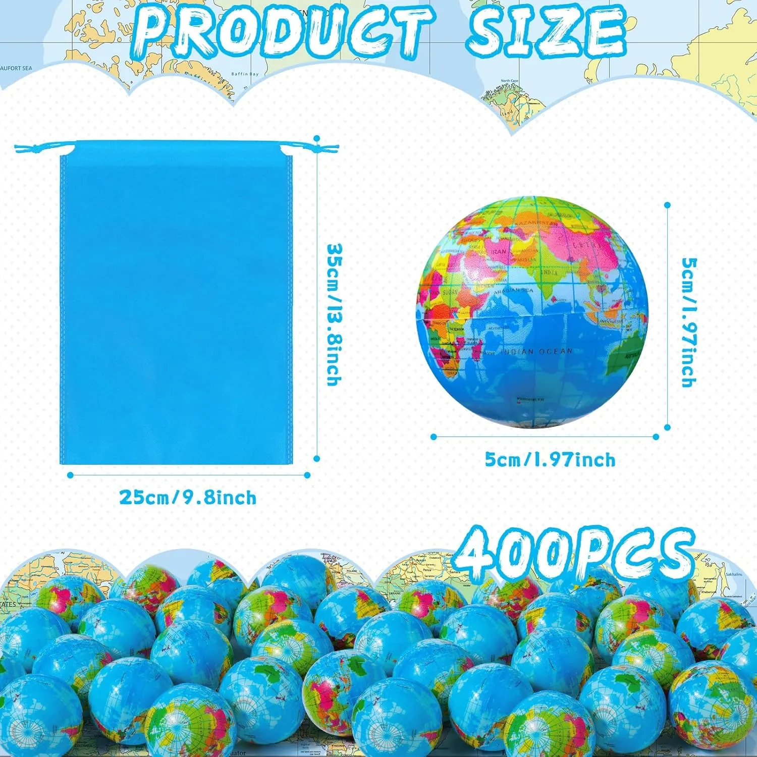 Poen 400 Pcs Globe Squeeze Balls, 2 Inch Mini World Earth Stress Balls Bulk Educational Relief Foam Squeeze Ball with Blue Drawstring Bag for Finger Exercise School Reward Party Gift