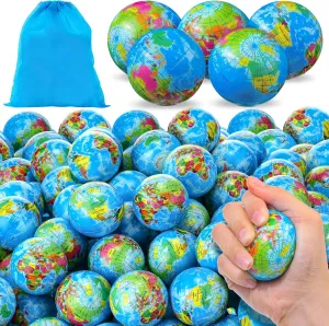 Poen 400 Pcs Globe Squeeze Balls, 2 Inch Mini World Earth Stress Balls Bulk Educational Relief Foam Squeeze Ball with Blue Drawstring Bag for Finger Exercise School Reward Party Gift