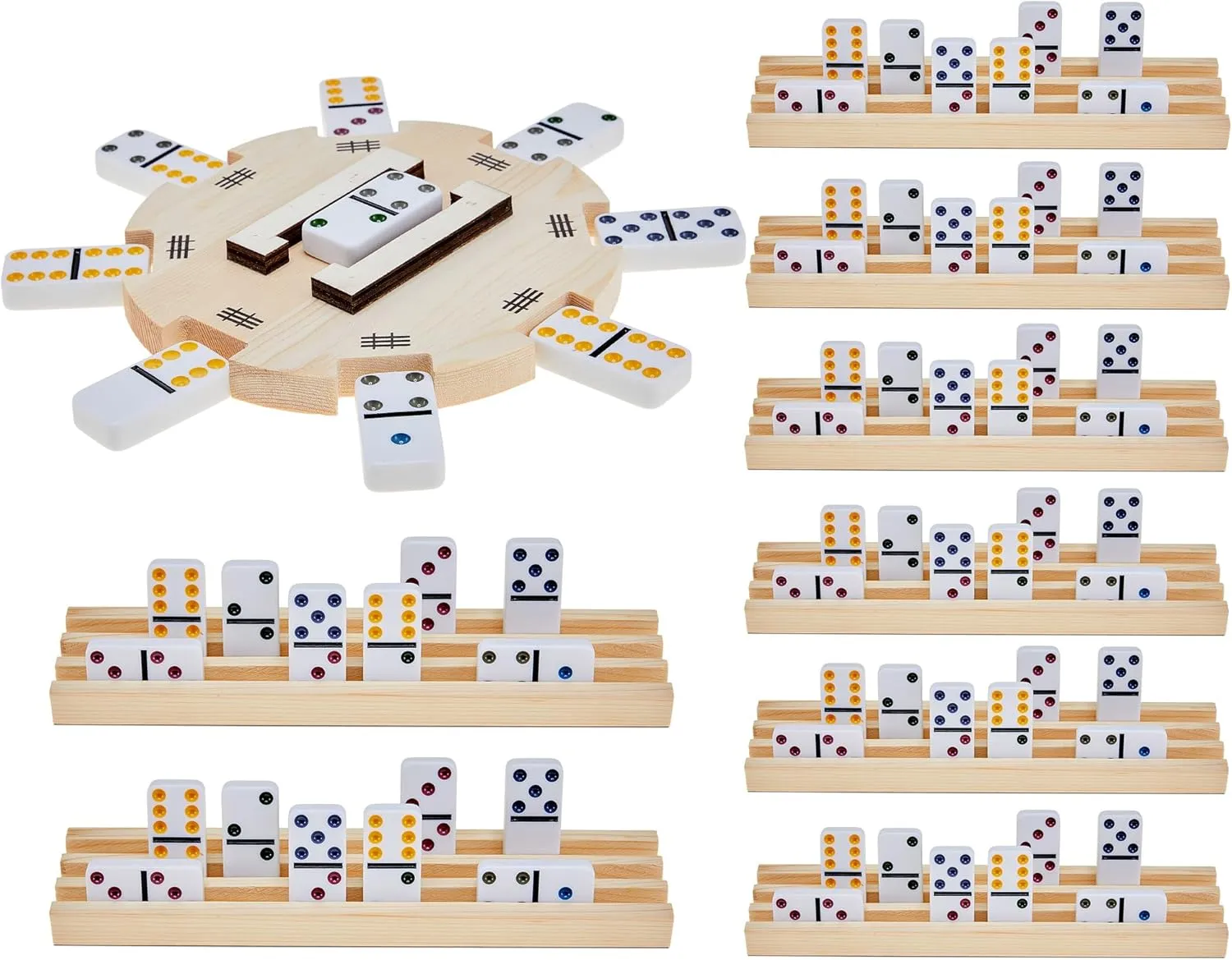 Poen Dominoes Mexican Train Hub with 8 Pieces Wooden Domino Racks Mexican Train Hub Domino Trays Holders Organizer for Xmas New Year Mexican Train Chicken Foot Combo (Do Not Contain Dominoes)