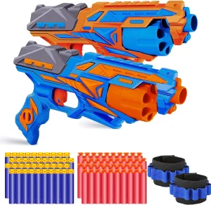 POKONBOY 2 Pack Toy Foam Blaster Gun, Blaster Toy Gun with 2 Wristbands and 80 Pcs Refill Darts 6-Dart Rotating Drum Toy Blaster Compatible with Nerf Gun Birthday Gift for Kids Age 6 