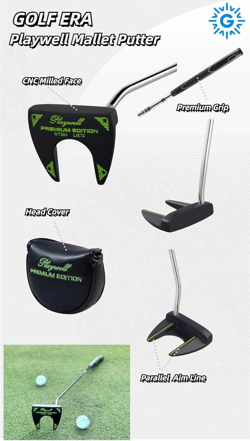 Premium Golf Putter - Mallet Style Putter -Golf Era Playwell Series - Right Handed 34/35 Inch Available with Free Head Cover