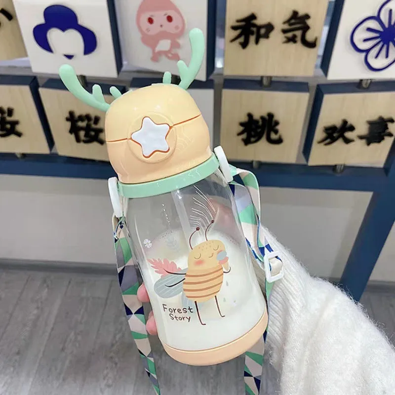 Premium Kids Antler Straw Water Bottle – Large Capacity, High-Quality Plastic, Leak-Proof Design, Cute Deer-Inspired Look, Ideal for Summer Hydration, Durable & Easy to Carry Children's Bottle