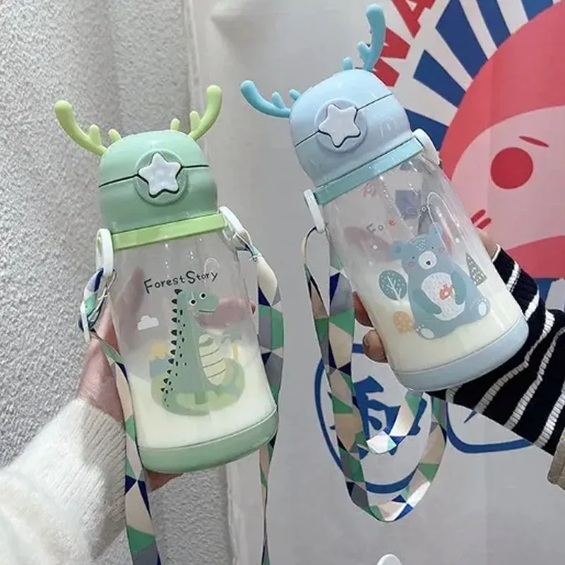 Premium Kids Antler Straw Water Bottle – Large Capacity, High-Quality Plastic, Leak-Proof Design, Cute Deer-Inspired Look, Ideal for Summer Hydration, Durable & Easy to Carry Children's Bottle