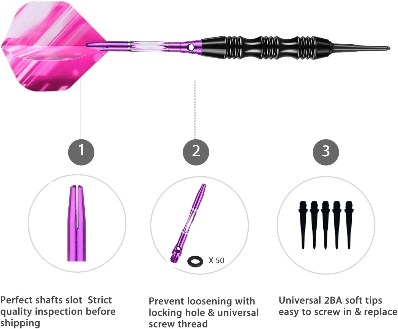 Professional Soft Tip Darts Set 20 Grams - 50 Rubber O-Rings   30 Darts Plastic Tip   Aluminum Shafts   6 Standard Flights   Portable Case for Electronic Dart Board