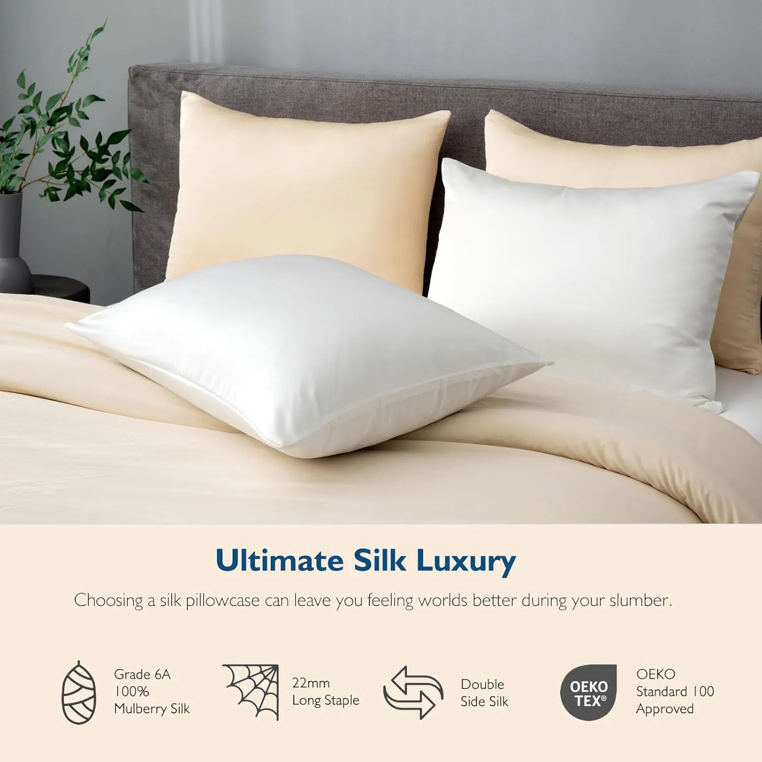 Pure Mulberry Silk Pillowcases Set of 2, Queen Size Silk Pillow Cases, Hair and Skin Friendly 22 Momme Grade-6A Silk Cover with Hidden Zipper (White, 20”X30”)