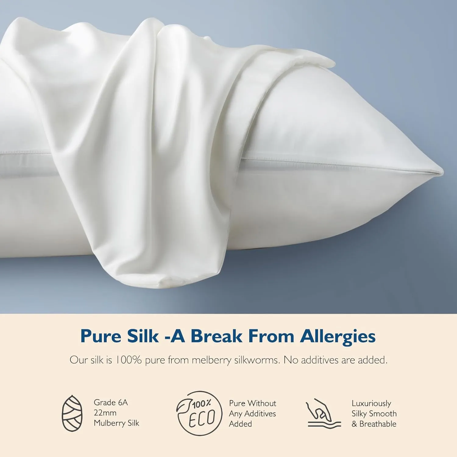 Pure Mulberry Silk Pillowcases Set of 2, Queen Size Silk Pillow Cases, Hair and Skin Friendly 22 Momme Grade-6A Silk Cover with Hidden Zipper (White, 20”X30”)