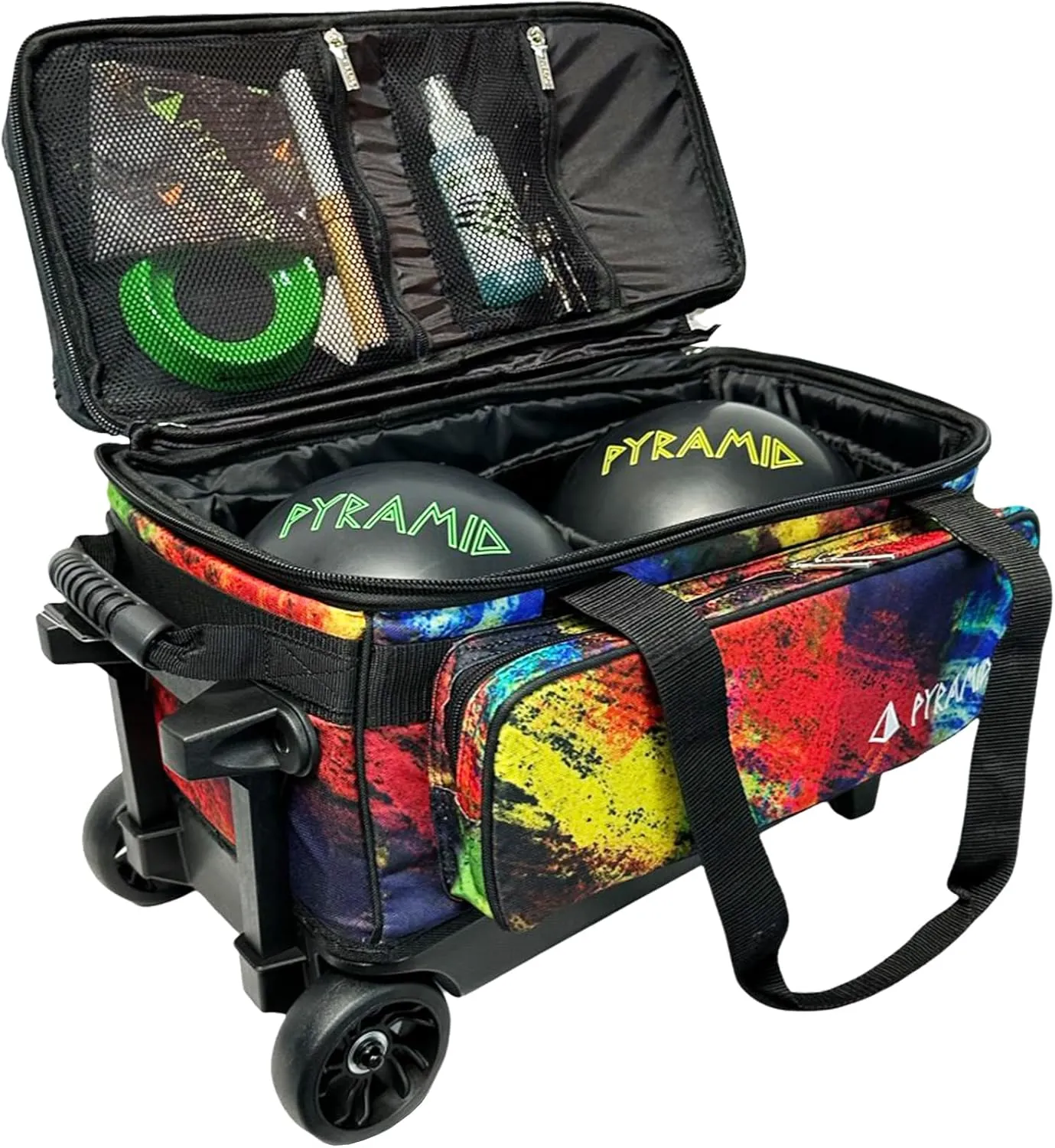 Pyramid Deluxe Double Roller 2 Ball Bowling Bag with Large Separate Shoe Compartment (Up To 2 Pairs Of Shoes) and Accessory Pockets, Sturdy Square Handle - Extends to 40" - Pro Options Available