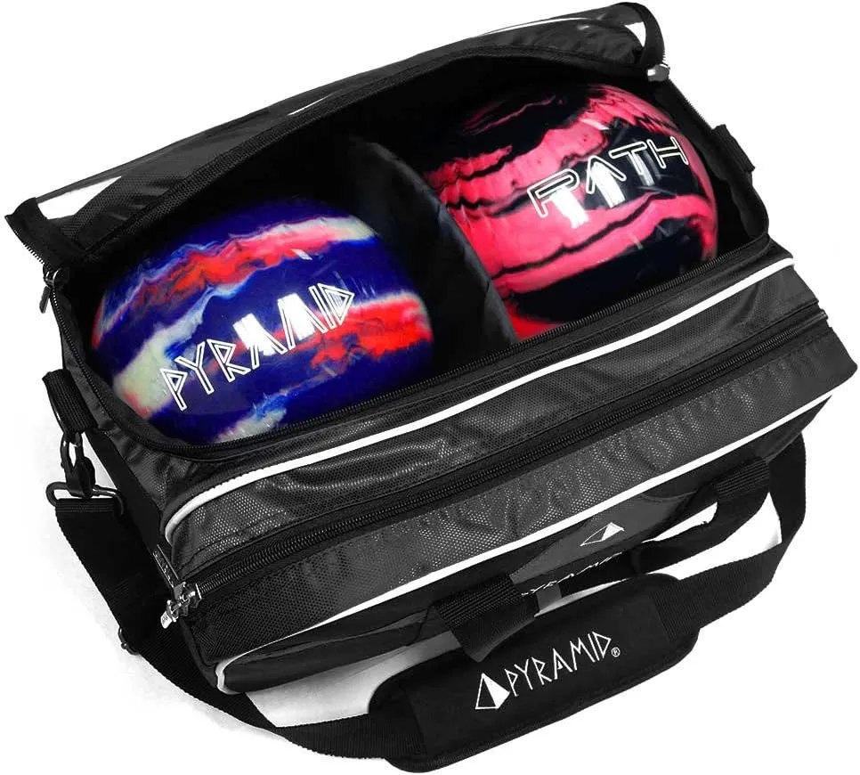 Pyramid Path Double 2 Ball Tote Plus Clear Top Bowling Bag with Large Separate Compartment for Bowling Shoes (Up To US Mens Size 15) or Accessories