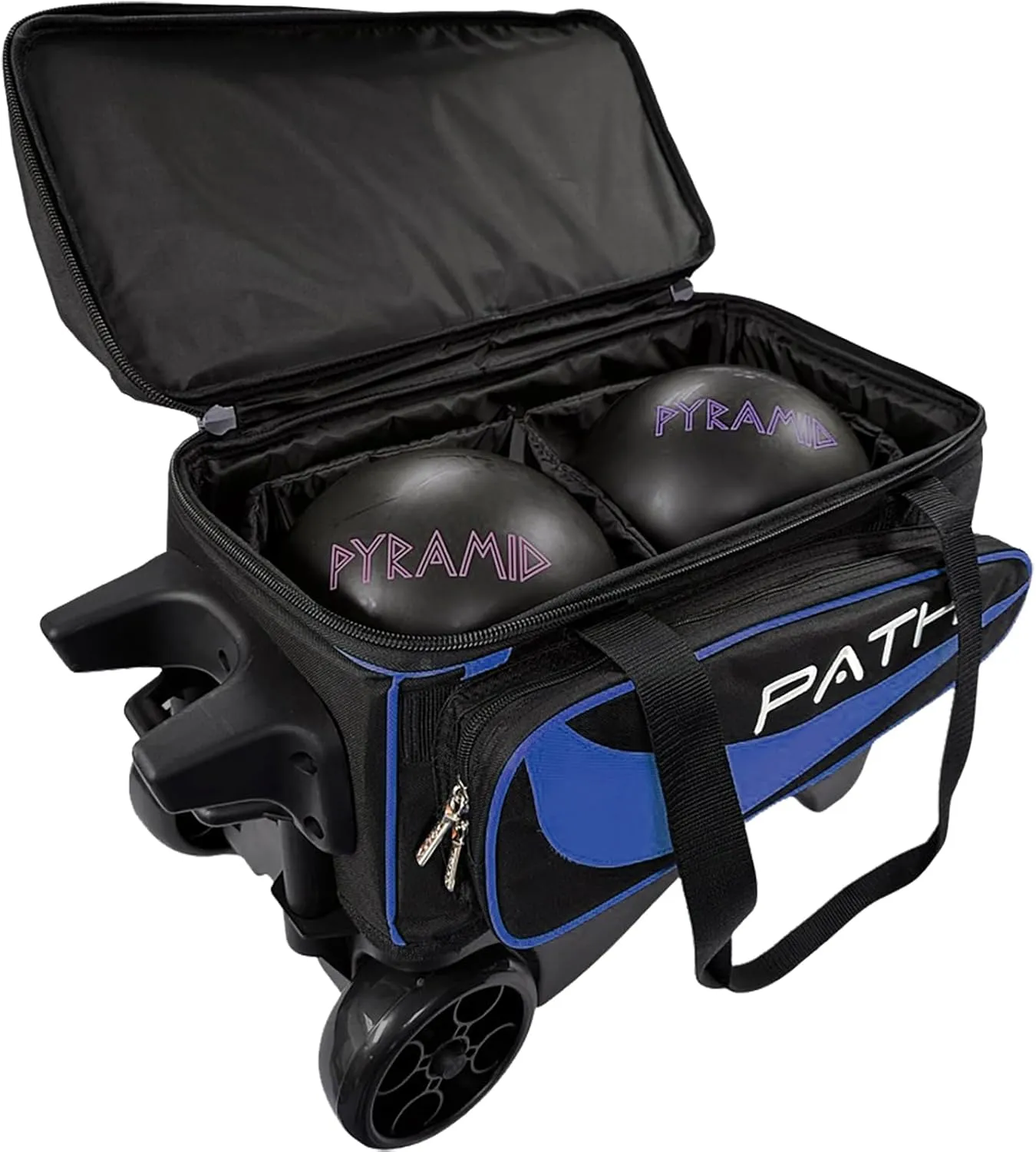 Pyramid Path Premium Deluxe 2 Ball Double Roller Bowling Bag With Large Separate Shoe Compartment (Up To US Mens Size 15) and Oversized Accessory Pocket, Retractable Locking Handle - Extends to 37"