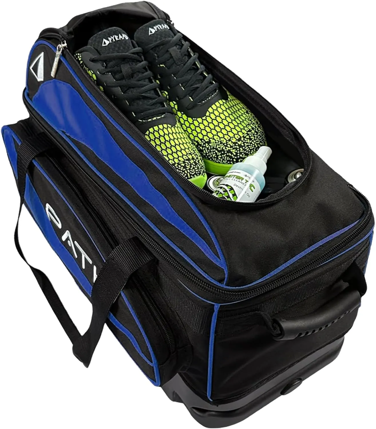 Pyramid Path Premium Deluxe 2 Ball Double Roller Bowling Bag With Large Separate Shoe Compartment (Up To US Mens Size 15) and Oversized Accessory Pocket, Retractable Locking Handle - Extends to 37"