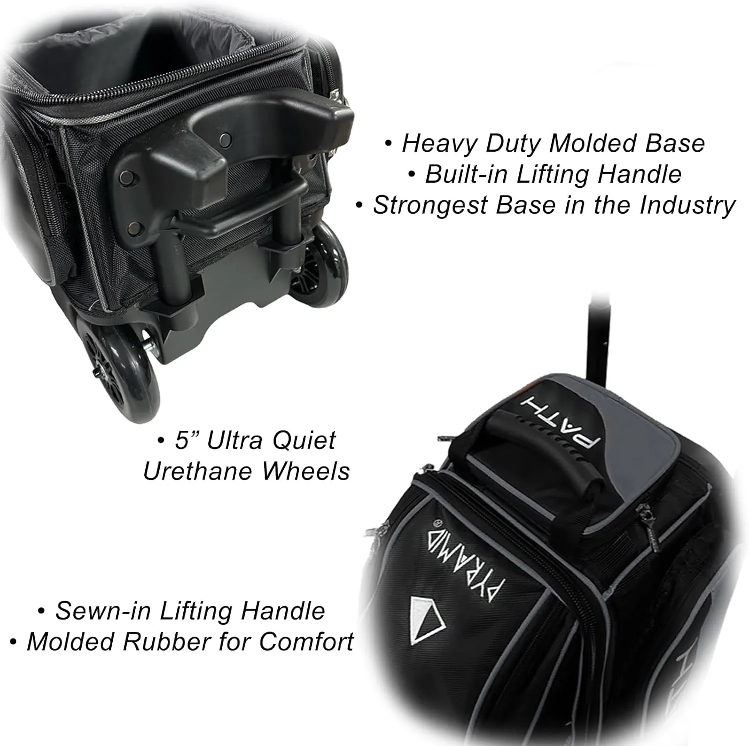 Pyramid Path Triple Premium Deluxe Roller Bowling Bag With Extra Large Separate Shoe Compartment (Up To US Mens Size 16) and 5 Accessory Pockets, 5" Wheels, Retractable Locking Handle - Extends to 42"