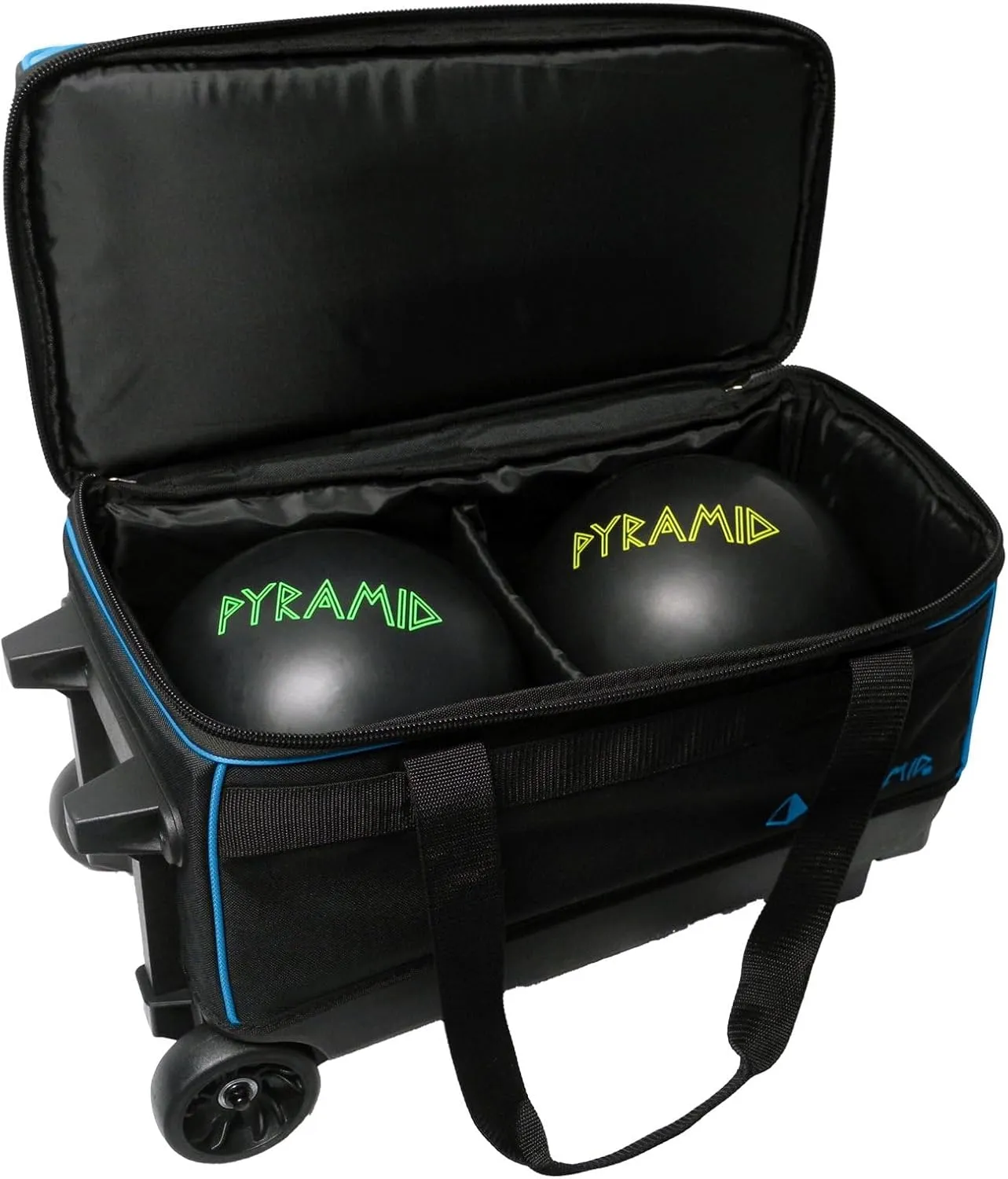 Pyramid Prime Double Roller 2 Ball Bowling Bag with Large Separate Compartment for Bowling Shoes (Up To US Mens Size 16) or Accessories, Locking Handle - Extends to 40"