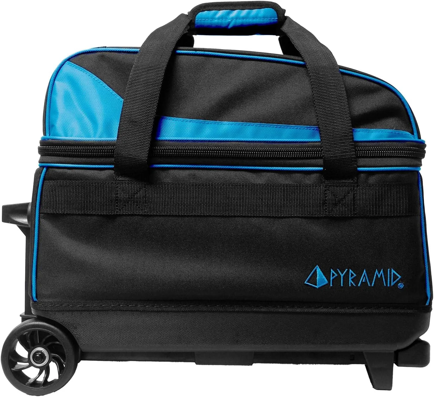 Pyramid Prime Double Roller 2 Ball Bowling Bag with Large Separate Compartment for Bowling Shoes (Up To US Mens Size 16) or Accessories, Locking Handle - Extends to 40"