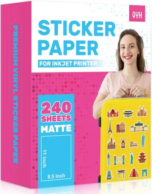 QYH Sticker Paper for Inkjet Printer - 240 Sheets White Matte Printable Vinyl Sticker Papers 8.5x11 In Labels Waterproof Stickers for Cutter, Crafts, Scrapbooking Dries Quickly & Tear Resistant
