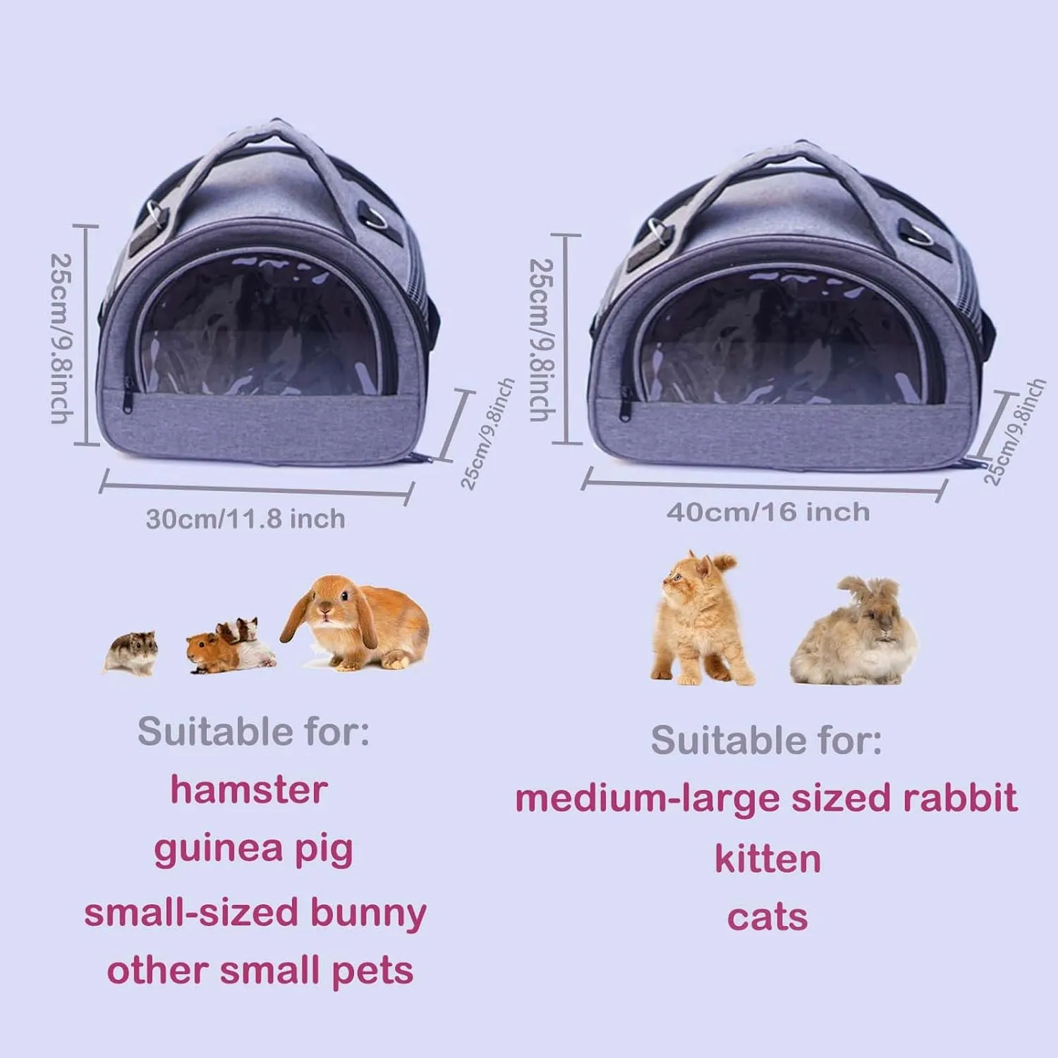 Rabbit Carrier, Small Pet Carriers for Guinea Pig Hamster Bird Bunny Bearded Dragon Kitty, Animal Bag with Stable Handle and Waterproof Pad, Easy Travel and Vet Visit-Small