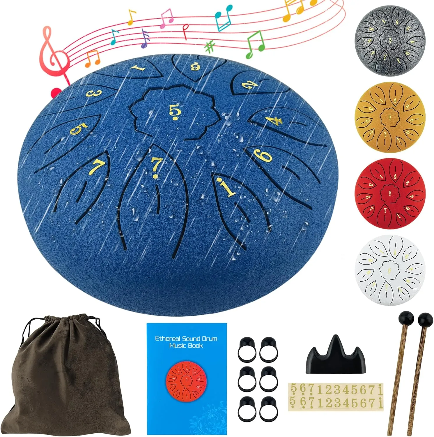 Rain Drum for Garden, 6 Inches 11 Notes Steel Tongue Drum for Adults Kids, Hand Drum Percussion Instrument with Drumsticks, Finger Paddle, Music Book and Travel Bag Yoga Chakra Gifts, Blue