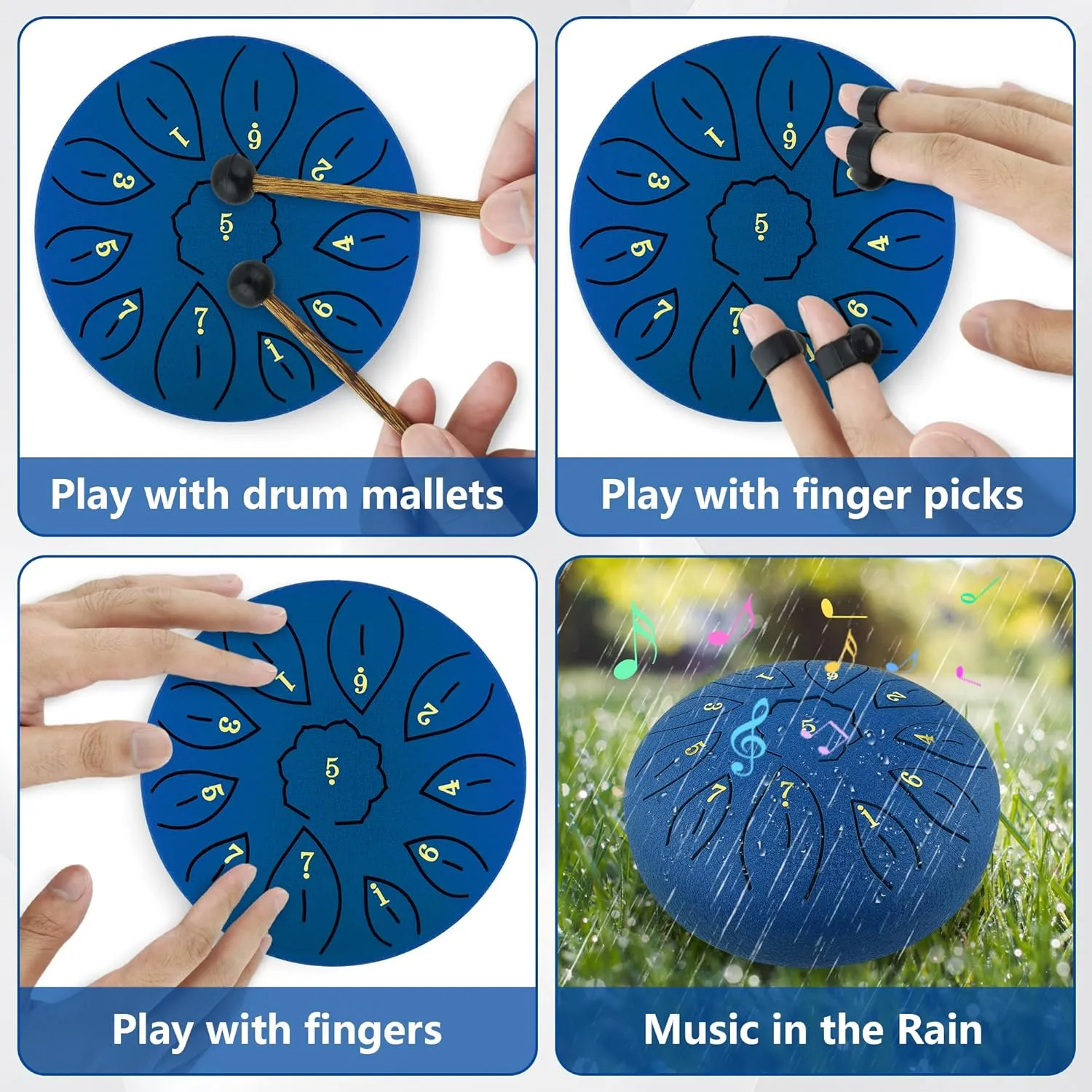 Rain Drum for Garden, 6 Inches 11 Notes Steel Tongue Drum for Adults Kids, Hand Drum Percussion Instrument with Drumsticks, Finger Paddle, Music Book and Travel Bag Yoga Chakra Gifts, Blue