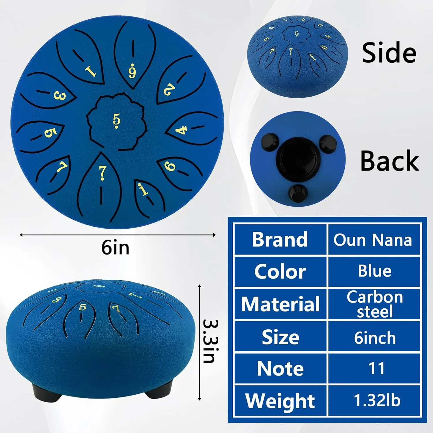 Rain Drum for Garden, 6 Inches 11 Notes Steel Tongue Drum for Adults Kids, Hand Drum Percussion Instrument with Drumsticks, Finger Paddle, Music Book and Travel Bag Yoga Chakra Gifts, Blue