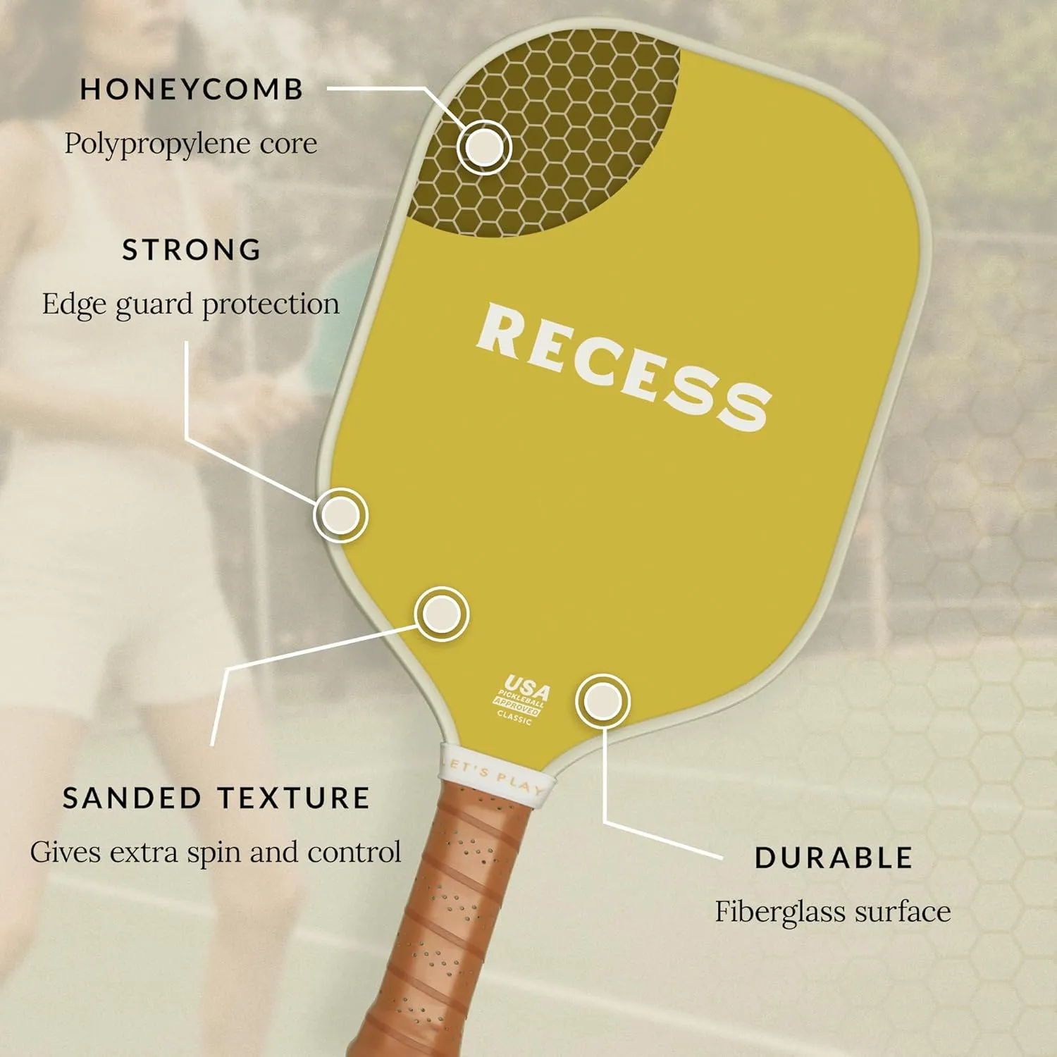 Recess Premium Pickleball Paddle Set (2 Paddles & 3 Balls) - Strong & Durable Fiberglass Surface, Lightweight, Honeycomb Core & Comfort Grip Handles - USAPA Approved