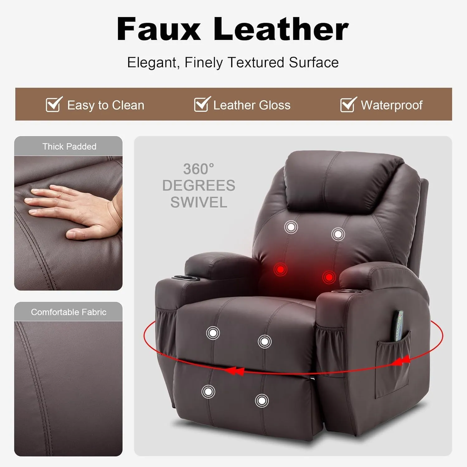 Recliner Chair, Rocker Recliner Chair with Massage and Heat, Manual Recliner Chairs for Adults, 360° Swivel Rocker Recliner with Remote Control and Cup Holder for Living Room, Nursery
