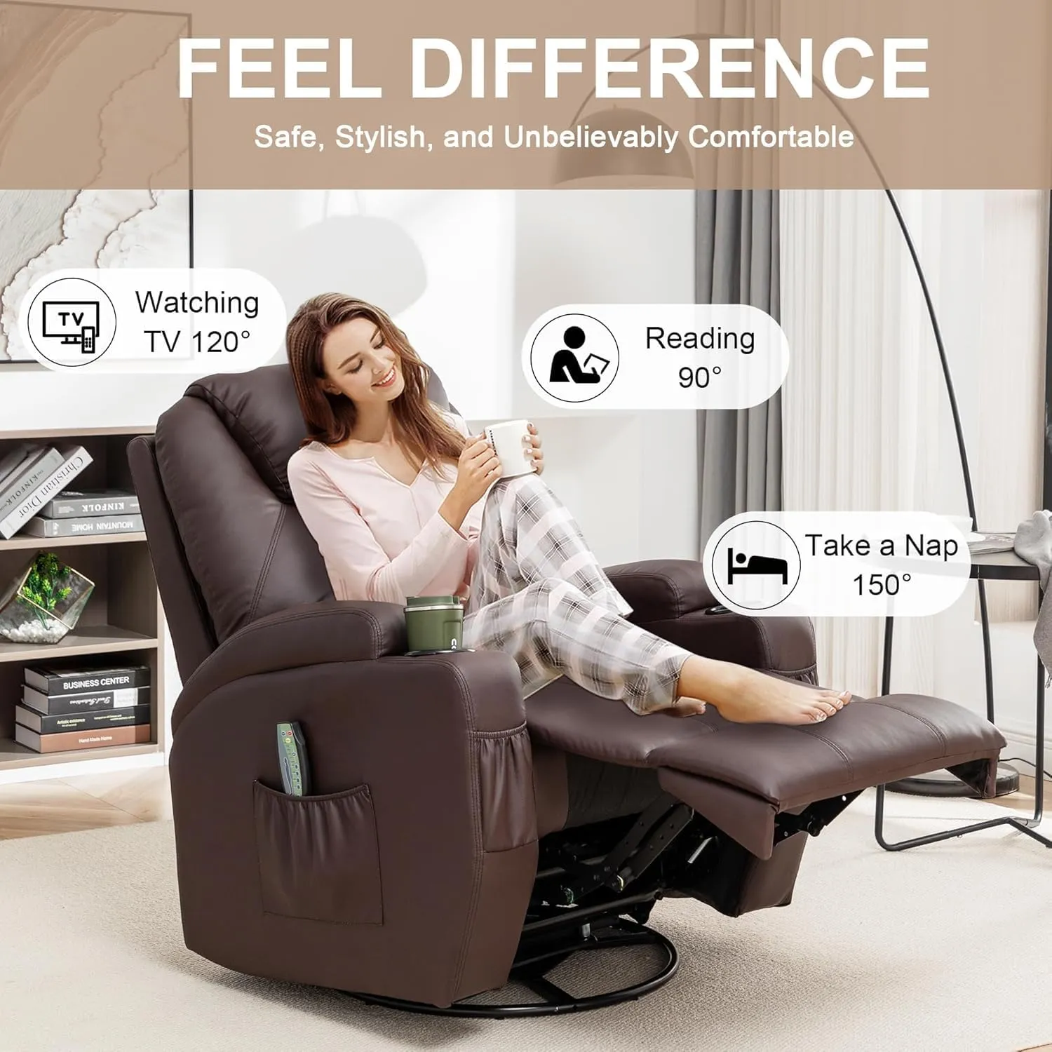 Recliner Chair, Rocker Recliner Chair with Massage and Heat, Manual Recliner Chairs for Adults, 360° Swivel Rocker Recliner with Remote Control and Cup Holder for Living Room, Nursery