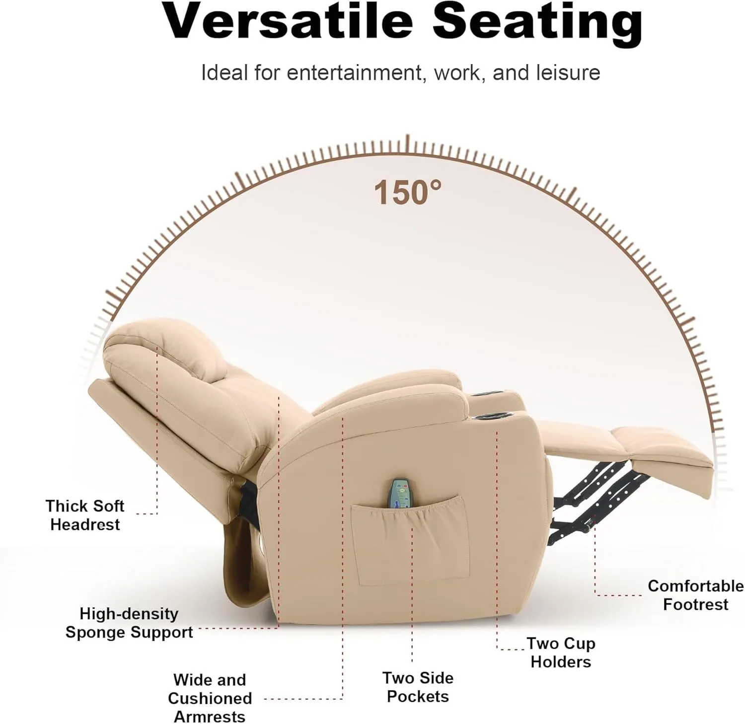 Recliner Chair, Rocking Chair with Massage and Heat, 360° Swivel Recliner Chairs for Adults, Rocker Manual Recliner with Remote Control and Cup Holder for Living Room, Bedroom, Nursery