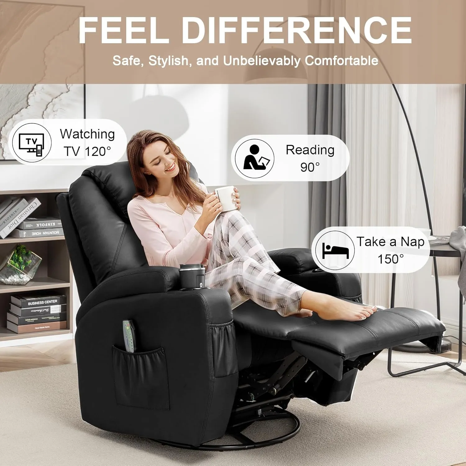 Recliner Chair, Rocking Chair with Massage and Heat, 360° Swivel Recliner Chairs for Adults, Rocker Manual Recliner with Remote Control and Cup Holder for Living Room, Bedroom, Nursery