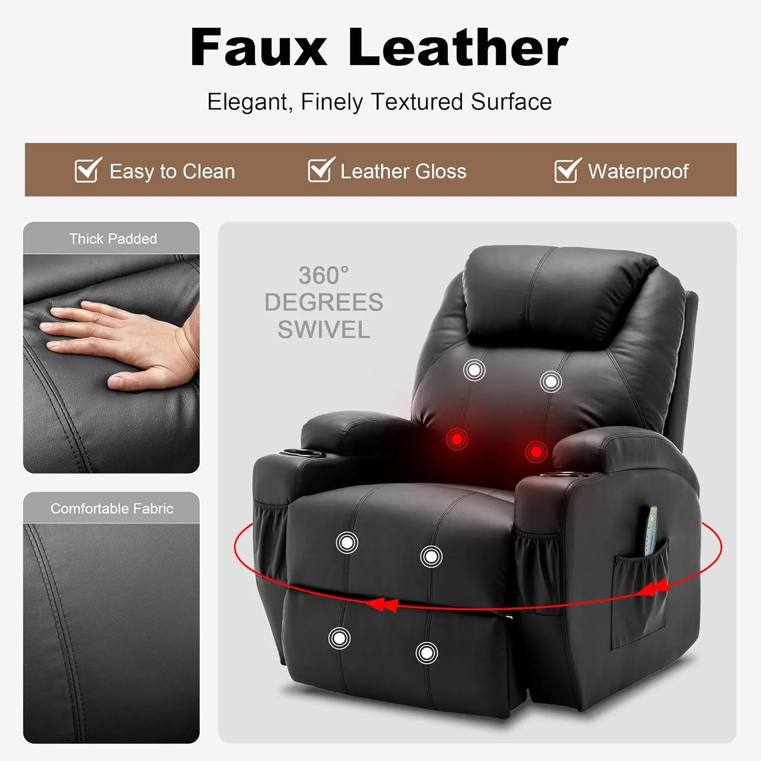 Recliner Chair, Rocking Chair with Massage and Heat, 360° Swivel Recliner Chairs for Adults, Rocker Manual Recliner with Remote Control and Cup Holder for Living Room, Bedroom, Nursery
