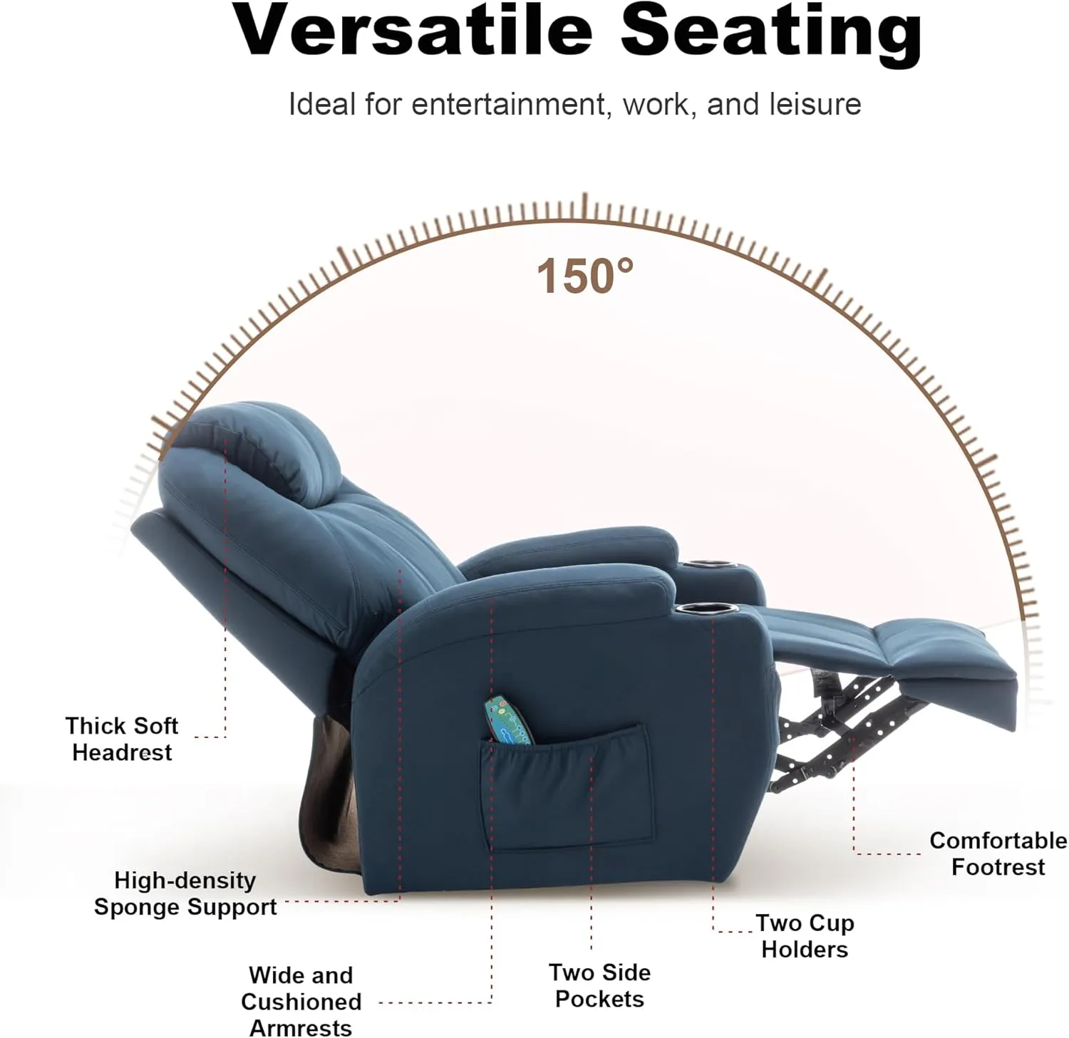 Recliner Chair, Rocking Chair with Massage and Heat, 360° Swivel Recliner Chairs for Adults, Rocker Manual Recliner with Remote Control and Cup Holder for Living Room, Bedroom, Nursery