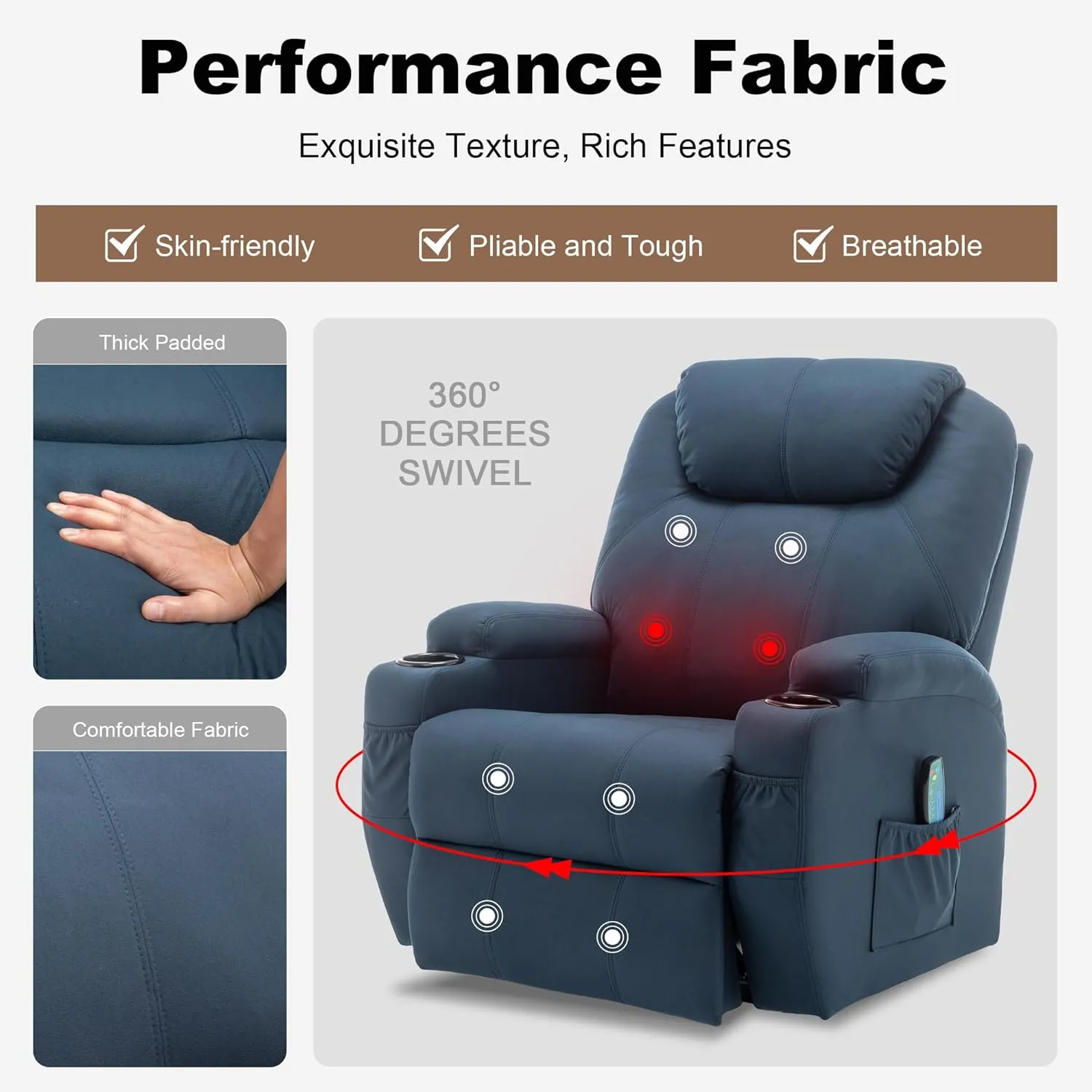 Recliner Chair, Rocking Chair with Massage and Heat, 360° Swivel Recliner Chairs for Adults, Rocker Manual Recliner with Remote Control and Cup Holder for Living Room, Bedroom, Nursery
