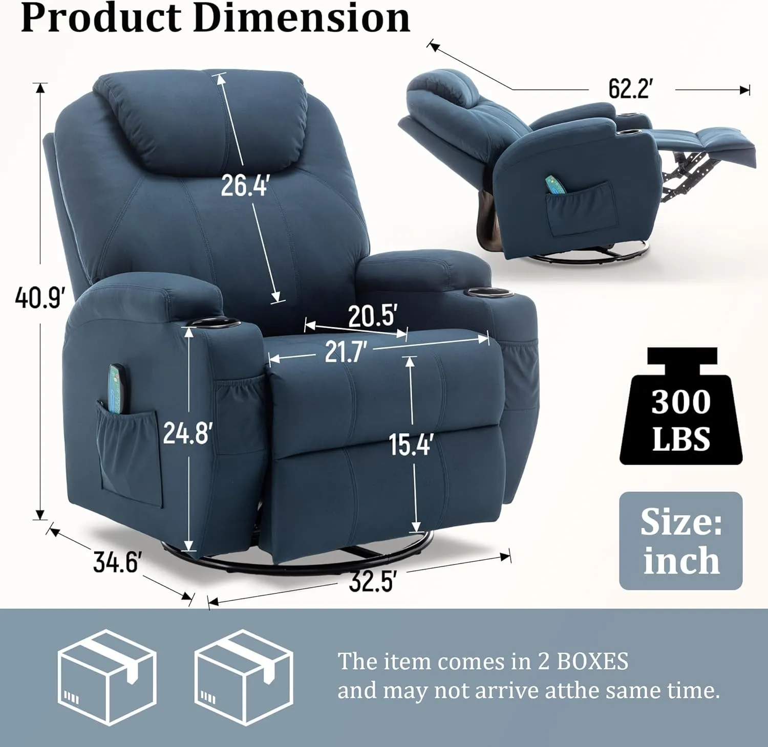 Recliner Chair, Rocking Chair with Massage and Heat, 360° Swivel Recliner Chairs for Adults, Rocker Manual Recliner with Remote Control and Cup Holder for Living Room, Bedroom, Nursery