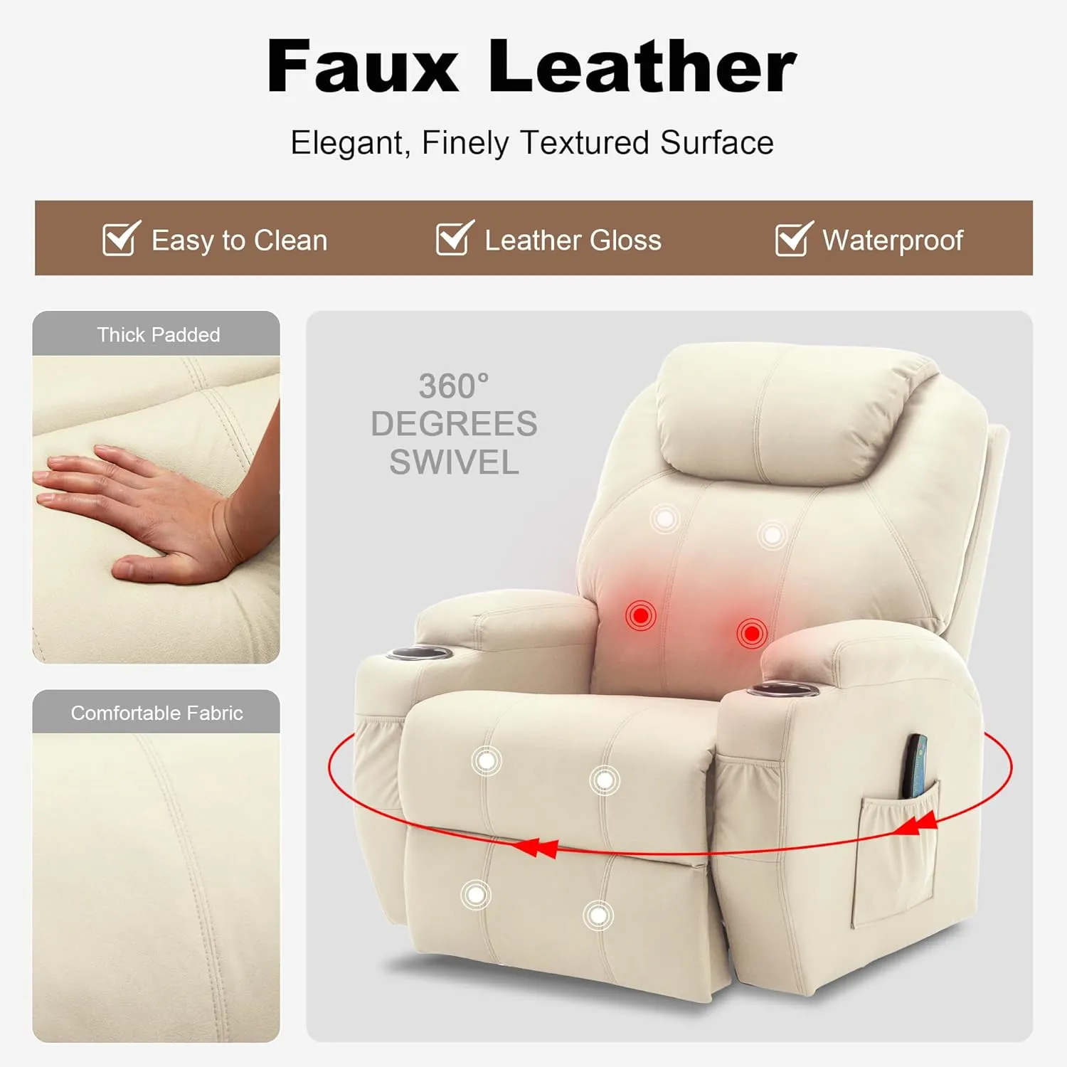 Recliner Chair, Rocking Chair with Massage and Heat, 360° Swivel Recliner Chairs for Adults, Rocker Manual Recliner with Remote Control and Cup Holder for Living Room, Bedroom, Nursery