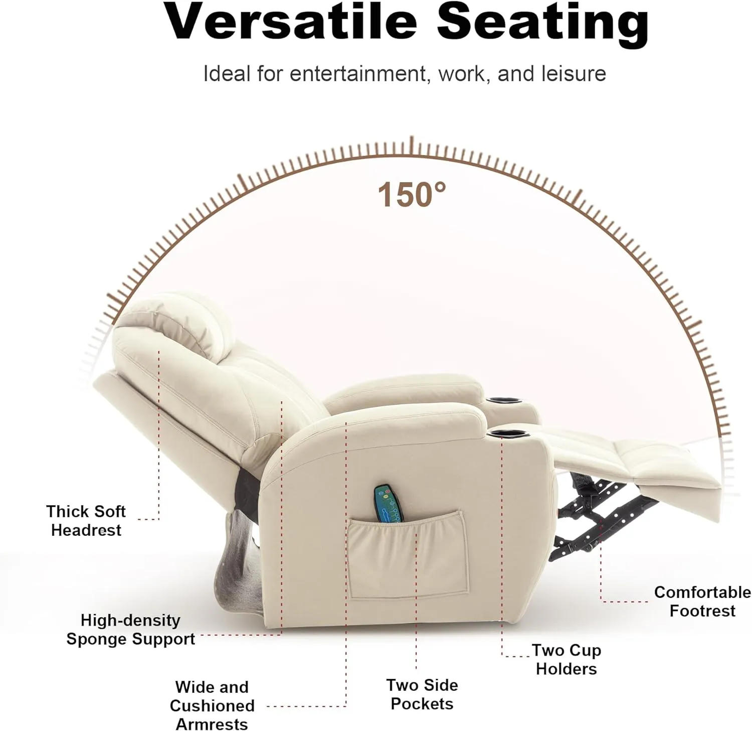Recliner Chair, Rocking Chair with Massage and Heat, 360° Swivel Recliner Chairs for Adults, Rocker Manual Recliner with Remote Control and Cup Holder for Living Room, Bedroom, Nursery