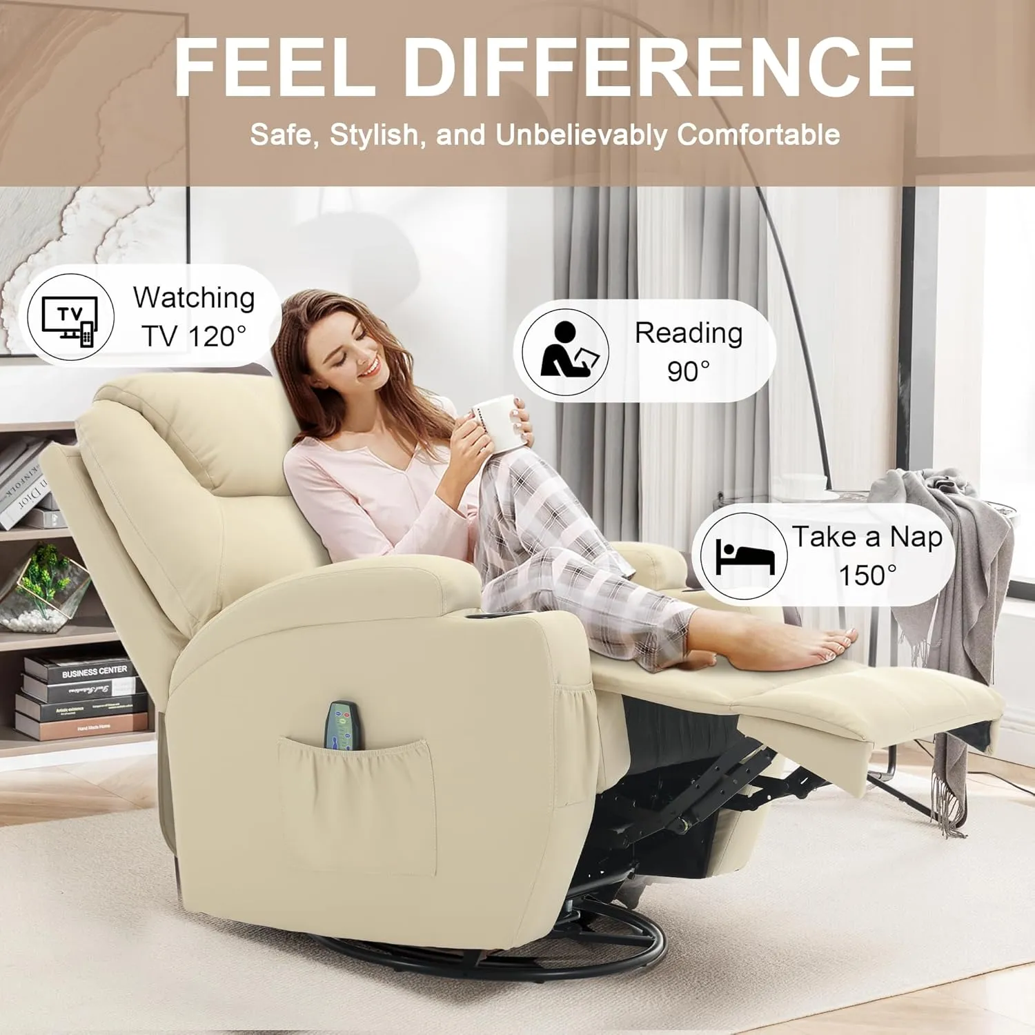 Recliner Chair, Rocking Chair with Massage and Heat, 360° Swivel Recliner Chairs for Adults, Rocker Manual Recliner with Remote Control and Cup Holder for Living Room, Bedroom, Nursery