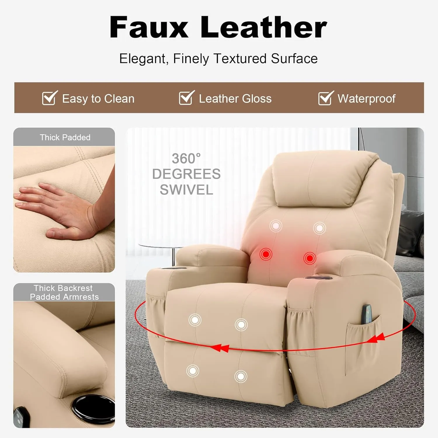Recliner Chair, Rocking Chair with Massage and Heat, 360° Swivel Recliner Chairs for Adults, Rocker Manual Recliner with Remote Control and Cup Holder for Living Room, Bedroom, Nursery