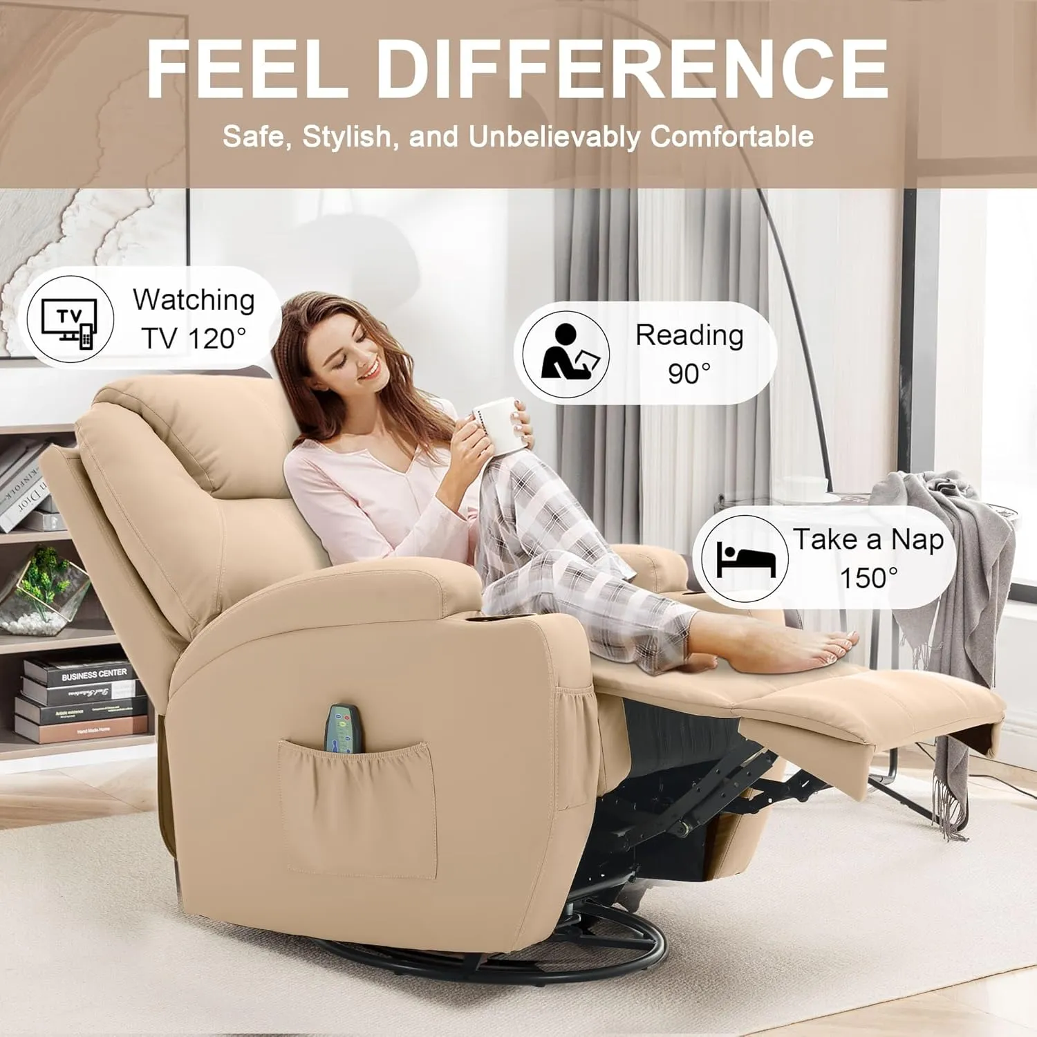 Recliner Chair, Rocking Chair with Massage and Heat, 360° Swivel Recliner Chairs for Adults, Rocker Manual Recliner with Remote Control and Cup Holder for Living Room, Bedroom, Nursery