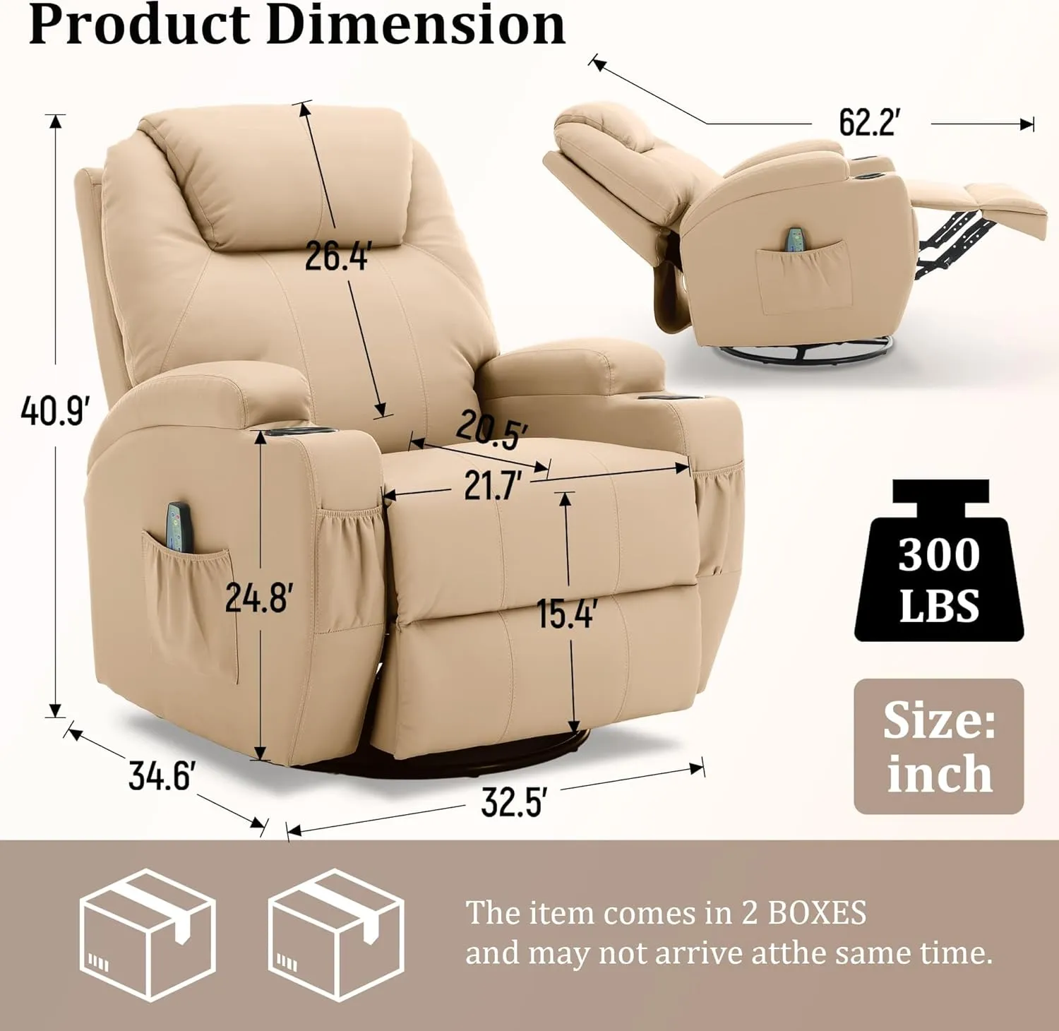 Recliner Chair, Rocking Chair with Massage and Heat, 360° Swivel Recliner Chairs for Adults, Rocker Manual Recliner with Remote Control and Cup Holder for Living Room, Bedroom, Nursery