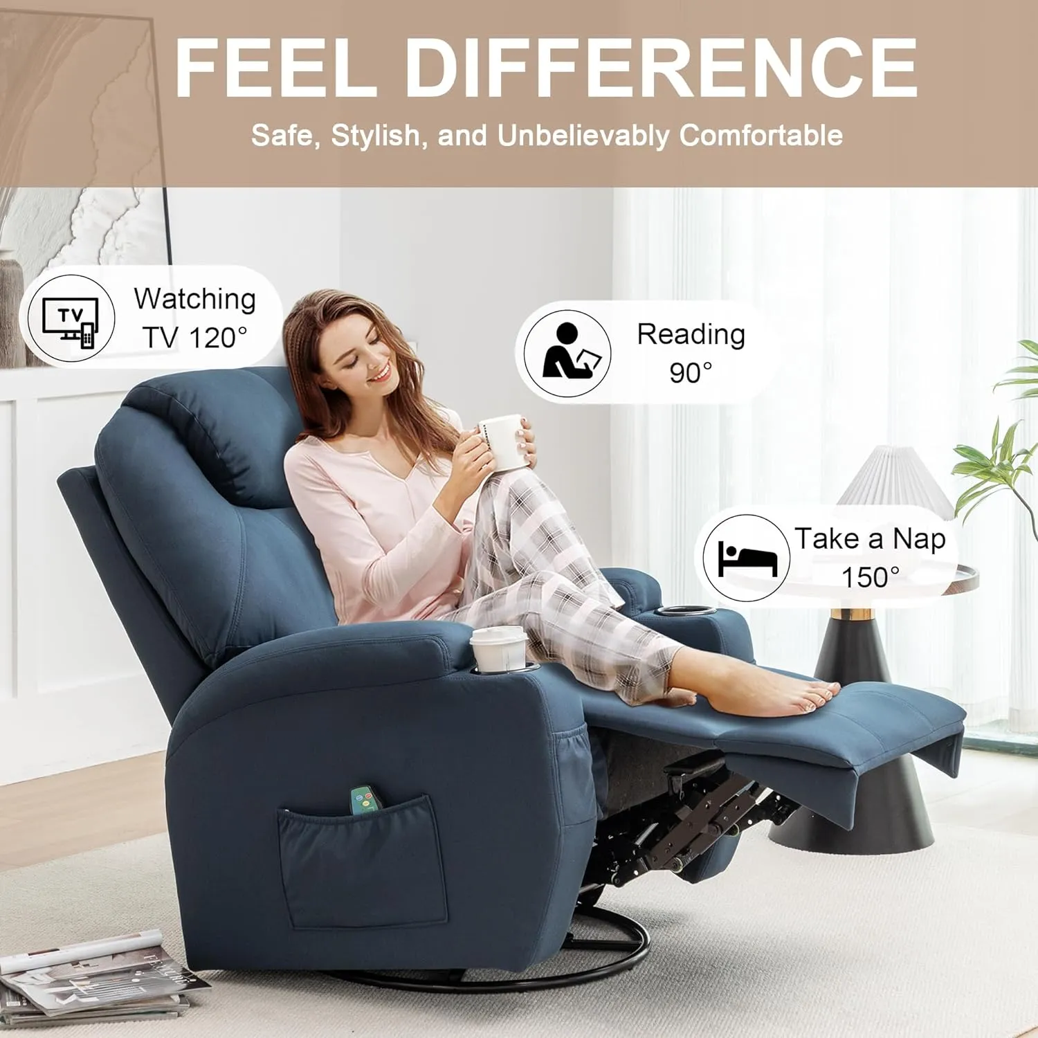 Recliner Chair, Rocking Chair with Massage and Heat, 360° Swivel Recliner Chairs for Adults, Rocker Manual Recliner with Remote Control and Cup Holder for Living Room, Bedroom, Nursery
