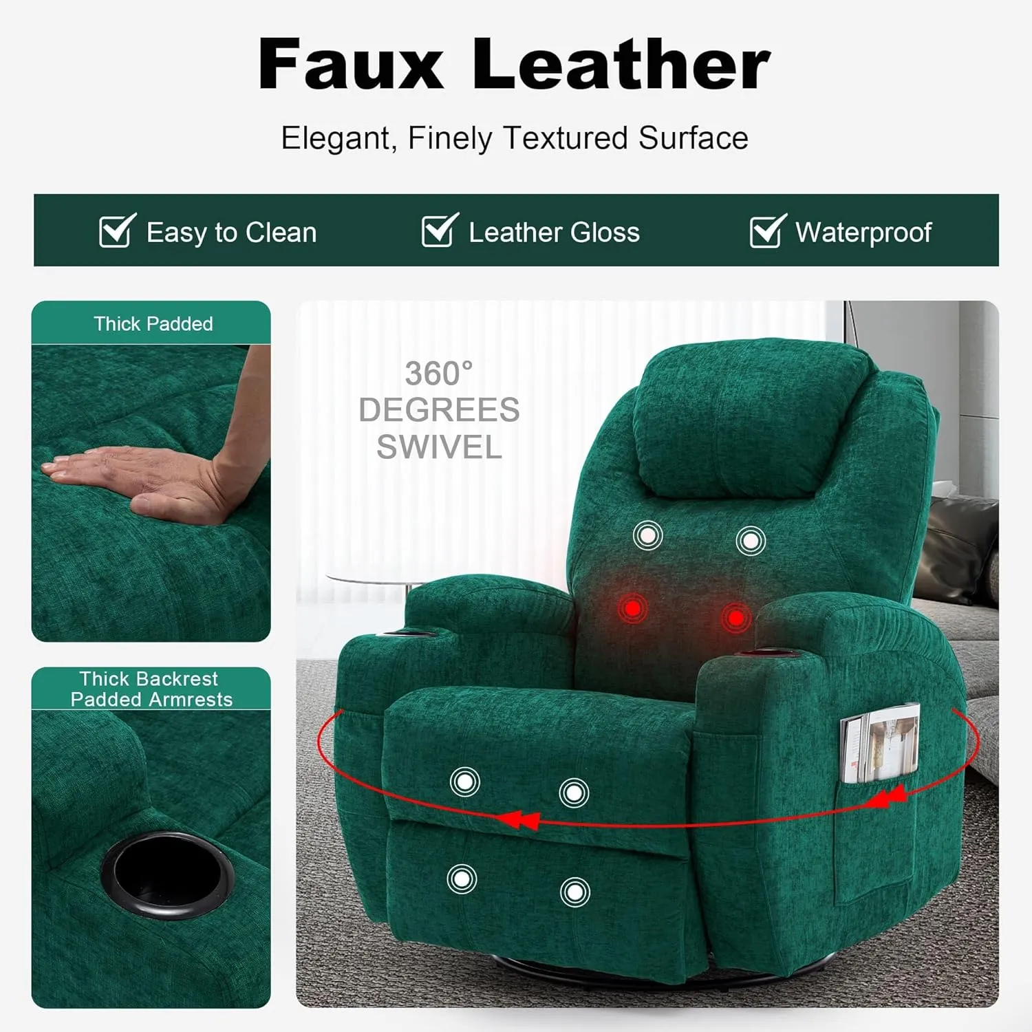Recliner Chair, Rocking Recliner Chair for Adults with Massage and Heat, Swivel Rocker Recliner Chair with Remote and Cup Holder, Cashmere Manual Recliner for Nursery, Living Room, Green