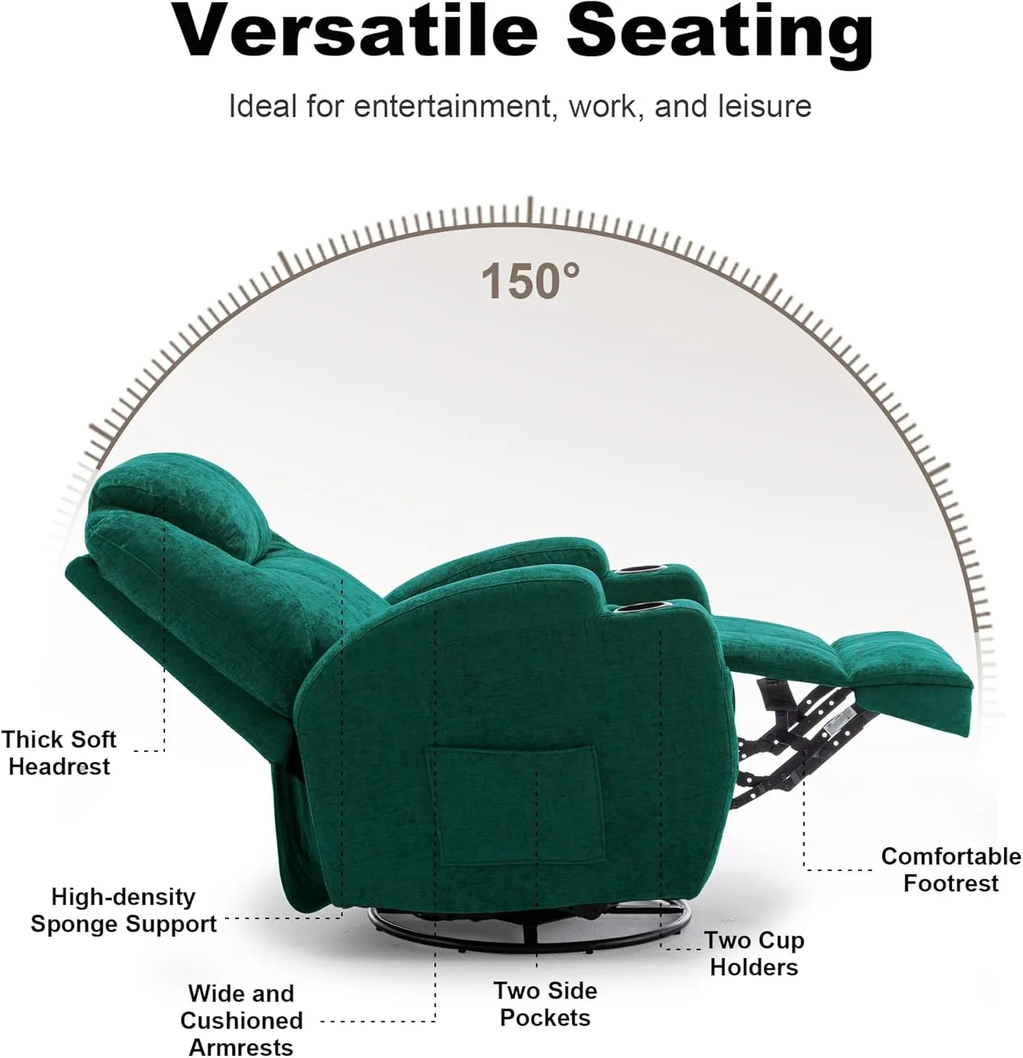 Recliner Chair, Rocking Recliner Chair for Adults with Massage and Heat, Swivel Rocker Recliner Chair with Remote and Cup Holder, Cashmere Manual Recliner for Nursery, Living Room, Green