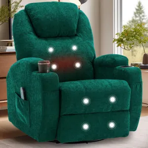 Recliner Chair, Rocking Recliner Chair for Adults with Massage and Heat, Swivel Rocker Recliner Chair with Remote and Cup Holder, Cashmere Manual Recliner for Nursery, Living Room, Green