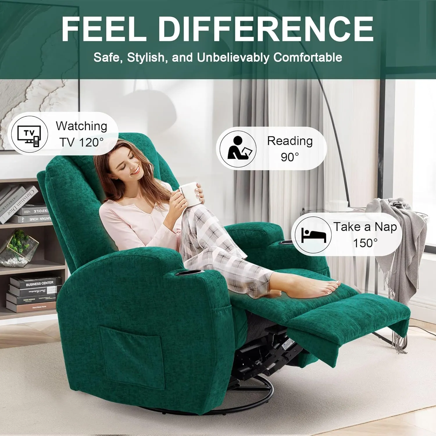 Recliner Chair, Rocking Recliner Chair for Adults with Massage and Heat, Swivel Rocker Recliner Chair with Remote and Cup Holder, Cashmere Manual Recliner for Nursery, Living Room, Green