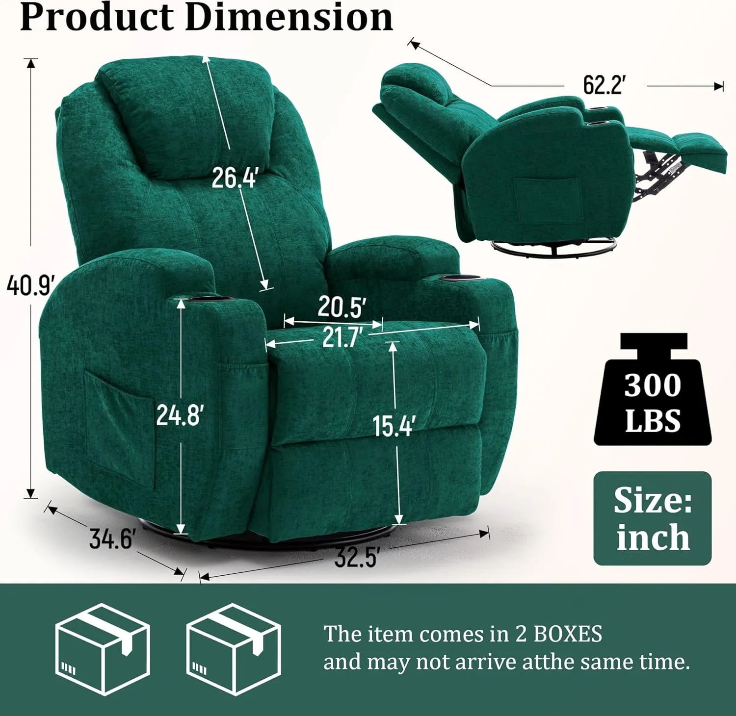 Recliner Chair, Rocking Recliner Chair for Adults with Massage and Heat, Swivel Rocker Recliner Chair with Remote and Cup Holder, Cashmere Manual Recliner for Nursery, Living Room, Green