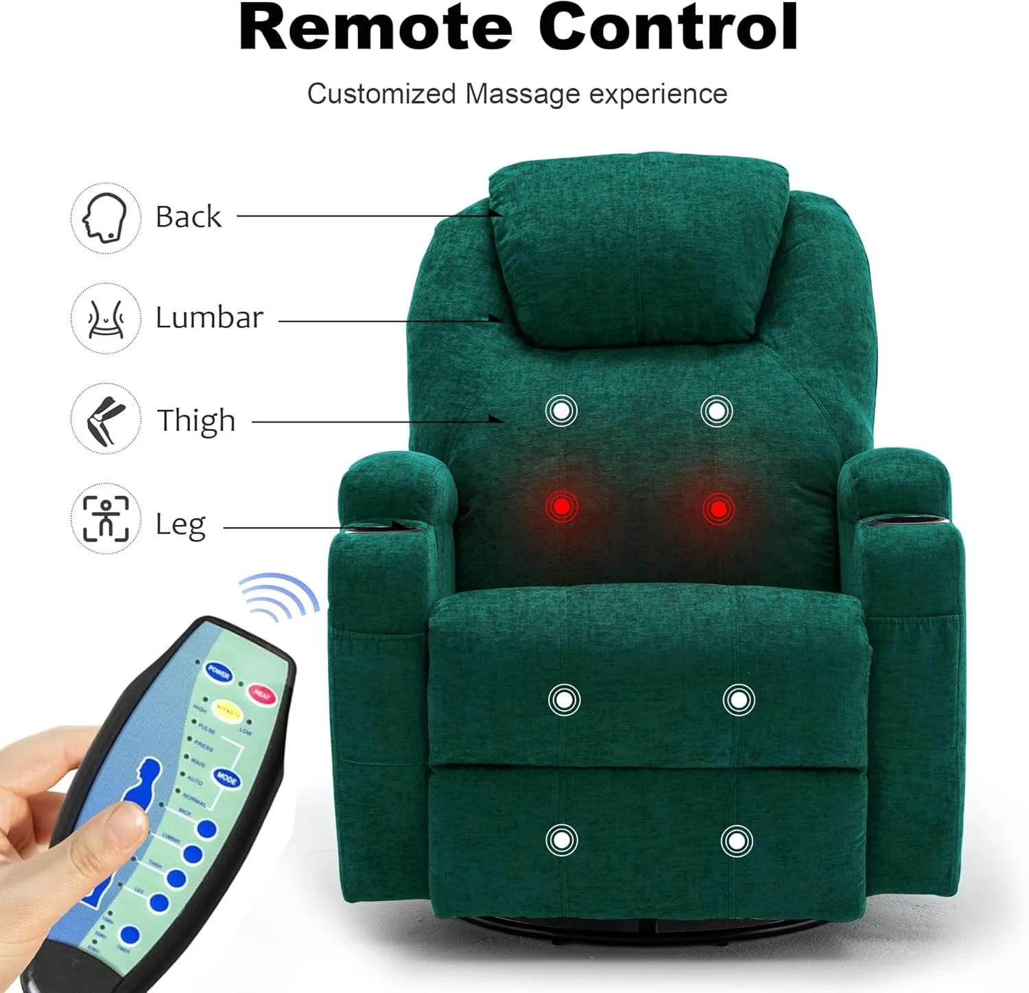 Recliner Chair, Rocking Recliner Chair for Adults with Massage and Heat, Swivel Rocker Recliner Chair with Remote and Cup Holder, Cashmere Manual Recliner for Nursery, Living Room, Green