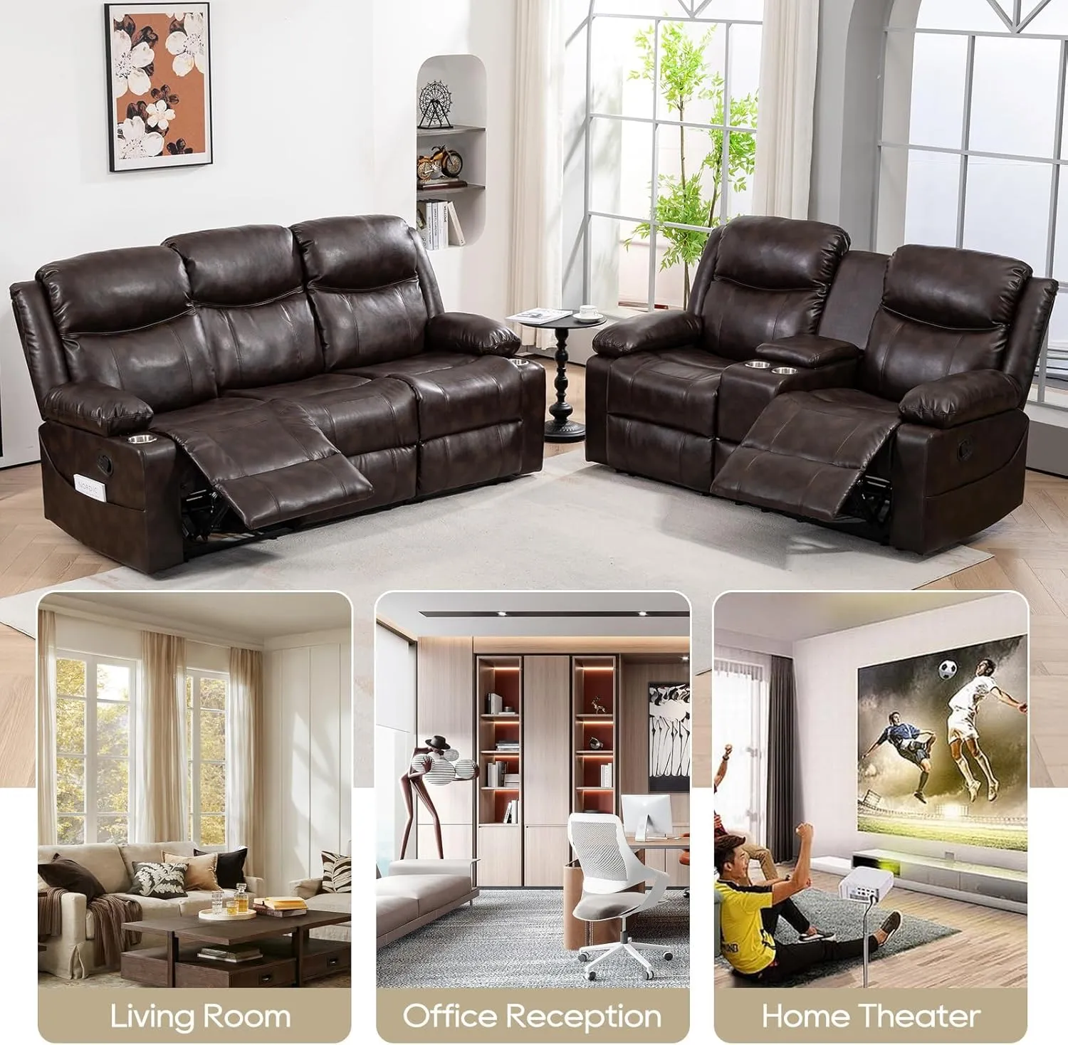 Recliner Sofa Set - Reclining Sofa Couch Set, 2 Pieces Recliner Furniture Sofa Set, 3-Seater Reclining Sofa & 2-Seater Reclining Loveseat with Massage & Heat for Living Room (Brown)